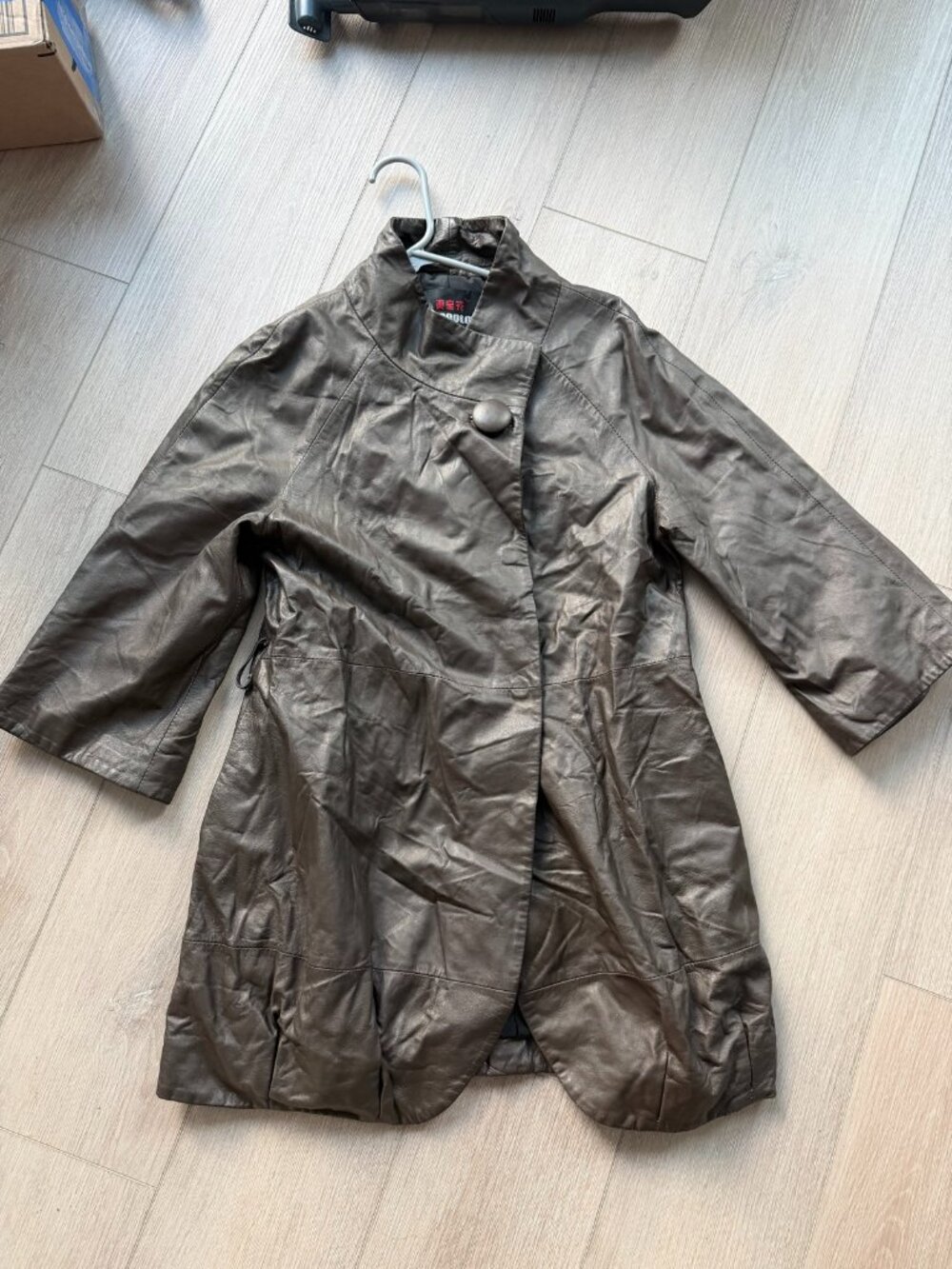 Grey Genuine Leather Jacket – Mandarin Collar, Size S